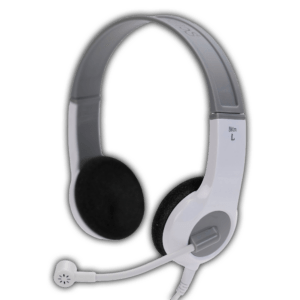 The Durable School Testing & Media Headset for Older Students - BKM is a white and gray over-ear headset with cushioned headband, black foam ear pads, and an adjustable left-side microphone—perfect for kids or school use.