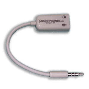 The Multi-media to CTIA Tablet/Chromebook adapter features a white rectangular SchoolPHONES® casing, a short cable, and a 3.5mm male audio jack—ideal for connecting school headphones to tablets or Chromebooks.