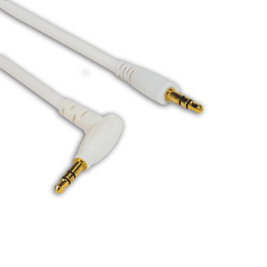 The 3.5mm TRS 110˚ Angled Cable (K6d, BKd) features a white right-angle gold-plated connector and a straight connector, perfect as an adapter for school headphones or SchoolPHONES®, displayed on a clean white background.