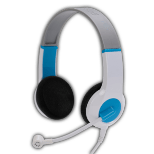 The Durable School Testing & Media Headset for Young Students - K6M features a white and blue over-ear design, cushioned headband, black foam ear pads, and an adjustable left-side mic—ideal durable headphones for kids and classrooms.