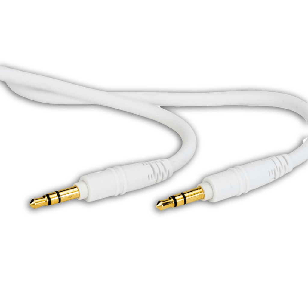 The 3.5mm Standard LPJ series TRS Cable (1.2m) features gold-plated male connectors at both ends—perfect for use with SchoolPHONES® or as adapters for school headphones, and shown coiled on a plain white background.