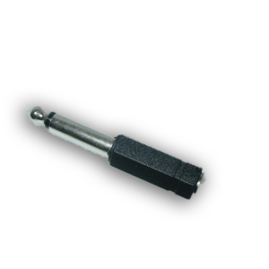A close-up of a single 1/4 inch (6.35mm) audio jack adapter with a black plastic grip and a metal tip, isolated on a white background.