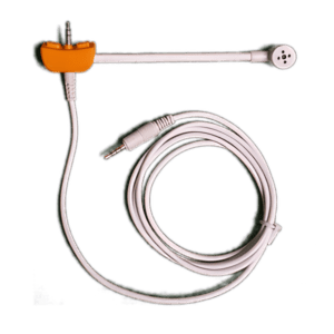 The LPJ1-MIC is a white, wired SpringBoom™ detachable microphone with an orange clip and 3.5mm audio jack—ideal for the LPJ series SchoolPHONES® or as a headphone accessory for school use.