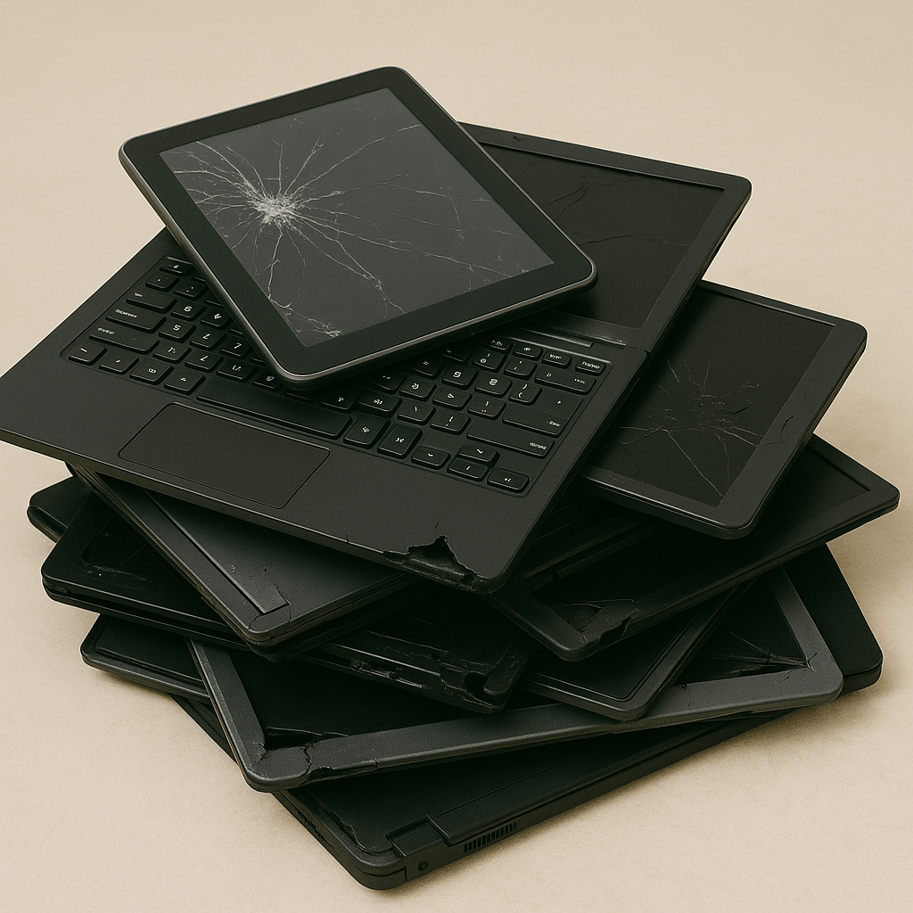 Pile of broken laptops and tablets caused by students accidentally pulling connected devices off desks with non-breakaway headphones.