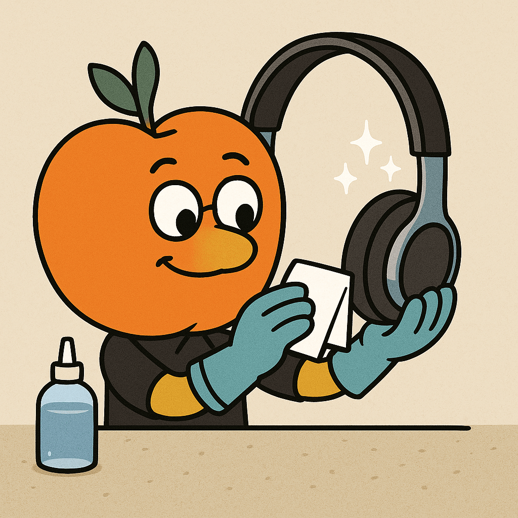 Animated character carefully sanitizing SchoolPHONES® student headphones, ensuring hygiene and safety before classroom distribution.