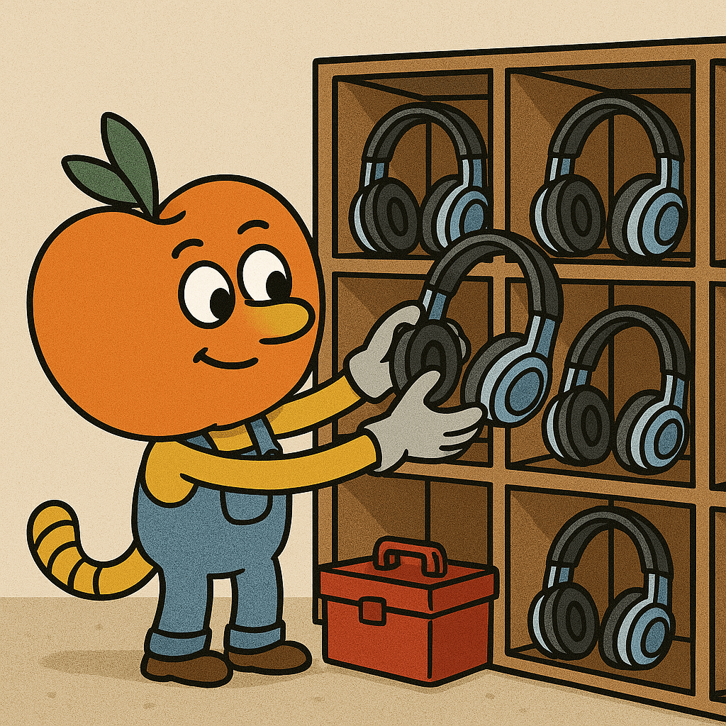 Animated character organizing SchoolPHONES® classroom headphones neatly into storage bins for efficient inventory and hygienic classroom management.