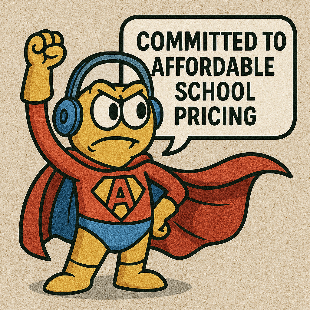 Cartoon superhero worm wearing a red cape and blue headphones, raising a fist next to a speech bubble that says “Committed to Affordable School Pricing”