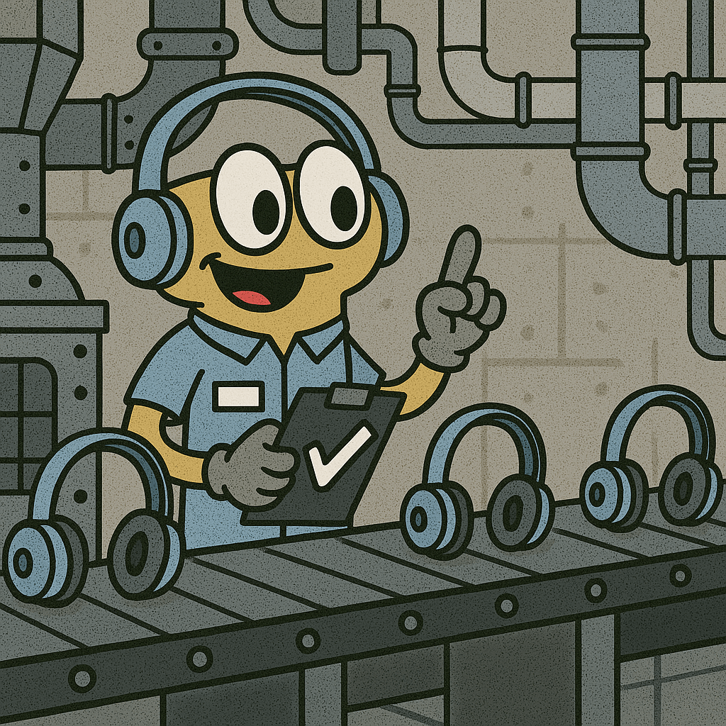 SchoolPHONES® mascot Wiggles inspecting headphones during a quality control check at the manufacturing facility, ensuring durability and reliability for school use.