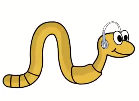 A cartoon yellow worm with large eyes and a smile, wearing gray headphones, on a white background.