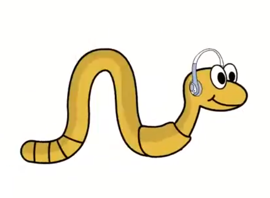 A cartoon yellow worm with large eyes and a smile, wearing gray headphones, on a white background.