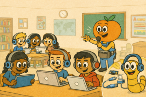 A cartoon classroom shows diverse kids using tablets and laptops with headphones, connected to classroom audio equipment. A character with an orange head speaks into a microphone, while an inset features a cheerful worm near audio splitters and headphones.