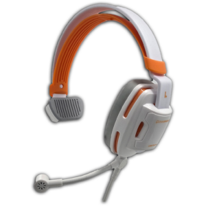 A white and orange over-ear gaming headset with a flexible microphone and padded headband, shown against a plain white background.