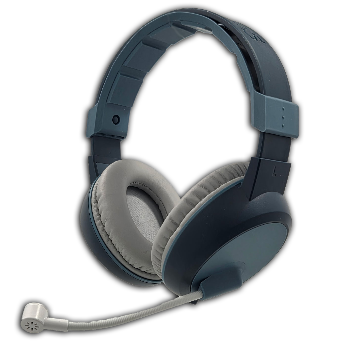 A pair of over-ear headphones with cushioned ear pads, an adjustable headband, and an attached flexible microphone boom on the left side, shown against a white background.