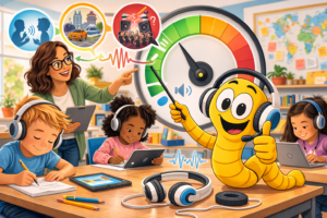 In a lively classroom, a teacher and diverse students use tablets, notebooks, and volume limited headphones for kids. A cheerful cartoon worm in headphones gestures at a colorful volume meter, emphasizing audio learning and engagement.