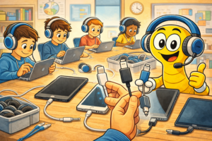 A cheerful classroom scene shows kids with ipad headphones for school using tablets, while a cartoon worm helps by holding out charging cables. A hand offers the cables, and tech devices and accessories are scattered on the table.