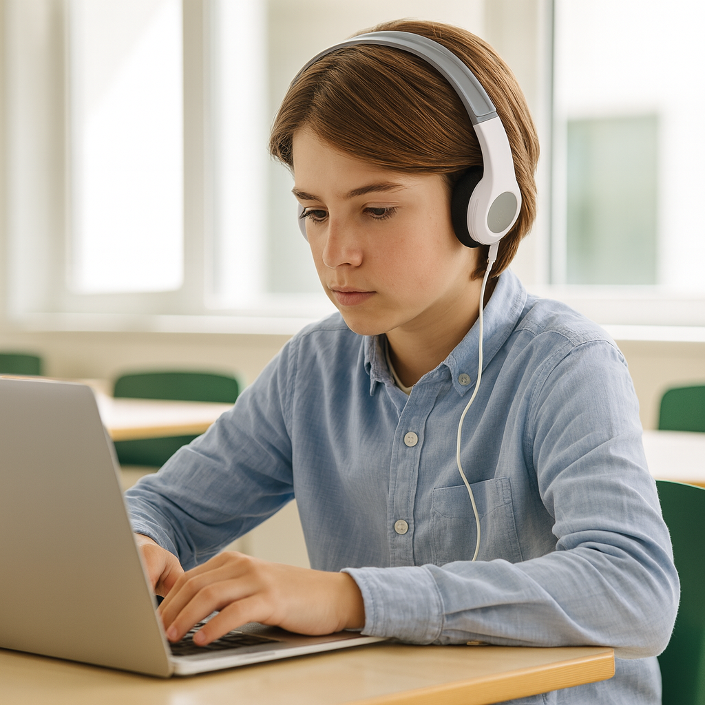 Student wearing SchoolPHONES BKD wired headphones at a Chromebook in class