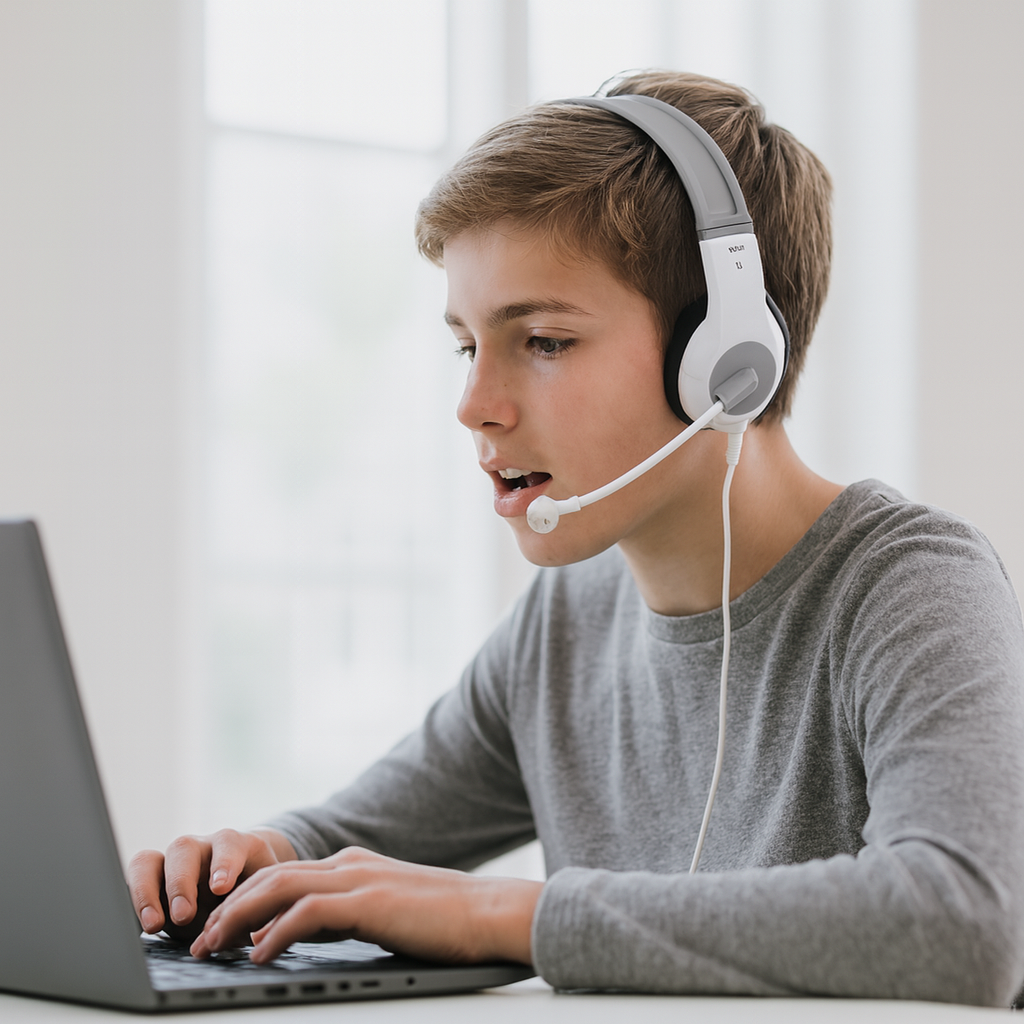 Student wearing the BKM – Durable School Testing & Media Headset for Older Students
