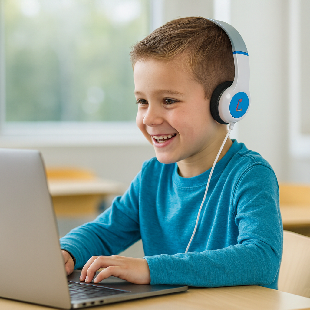 Young student using SchoolPHONES K6D wired headphones with a school computer