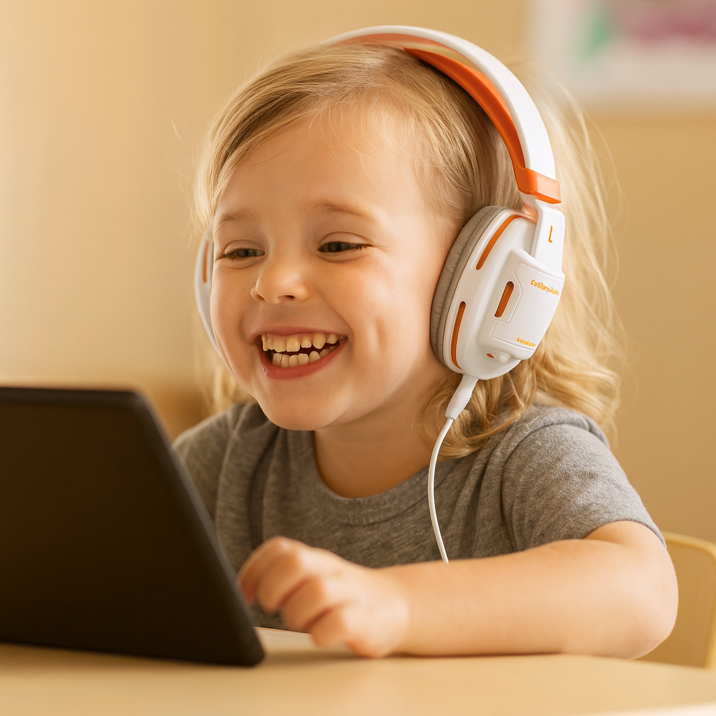 A young child with long blonde hair smiles while wearing white and orange headphones and looking at a tablet, seated at a light-colored table in a warmly lit room.