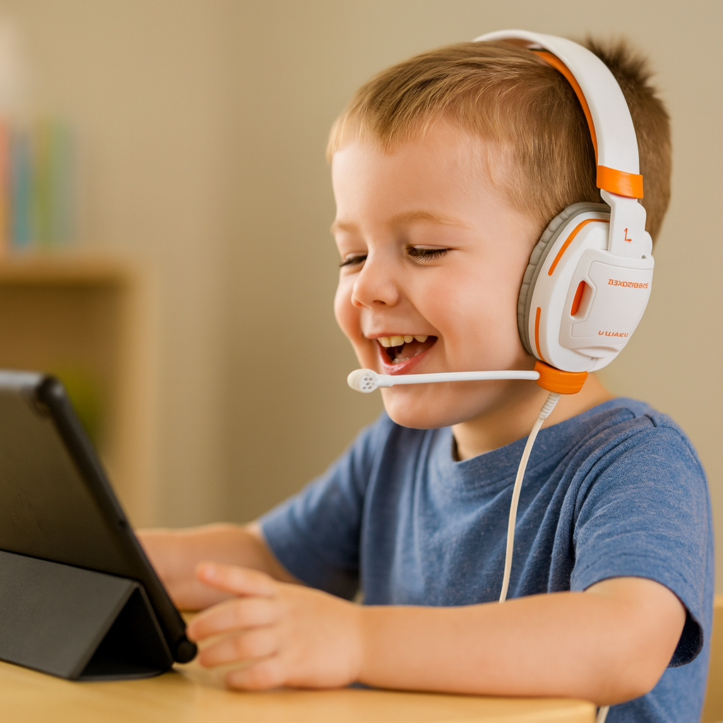 Student wearing the LPJ1M – Durable Lab & Gaming Headset for Pre-K & Pre-K – Lab Partner Jr.